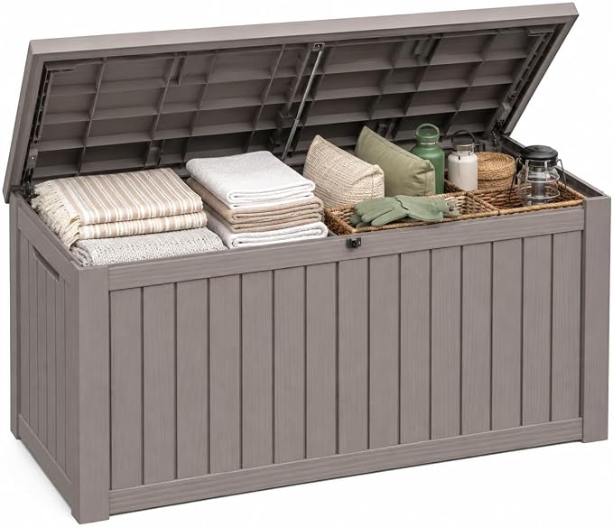 Outdoor Deck Patio Storage Box - 140 Gallon Large Outdoor Deck Box, Plastic Storage Bin with Lid, Outside Toy Box & Pool Storage Container for Cushions, Garden Tools, Towel, Brown