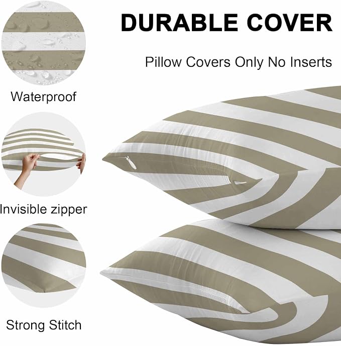 Outdoor Waterproof Throw Pillow Covers Set of 2 Brown White Stripe Pillowcases 16x16 Inches Simple Style Striped Decorative Pillows Cushion Case Patio Pillows for Couch Bed Chair Garden