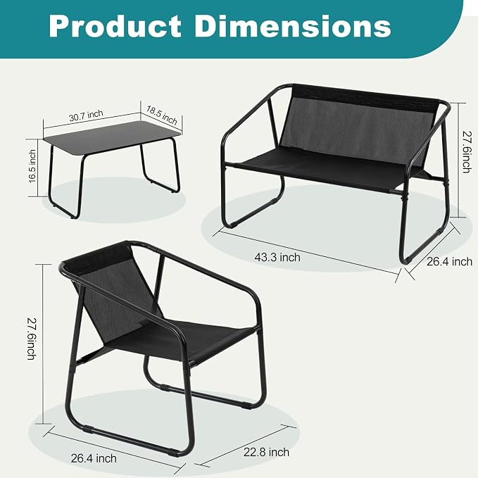 DUMOS 4 Piece Patio Furniture Set，Outdoor Patio Furniture Set with Table, patios Table and Chairs Sets, Sectional Bistro Sets for Lawn, Garden, Balcony, Pool, Poolside