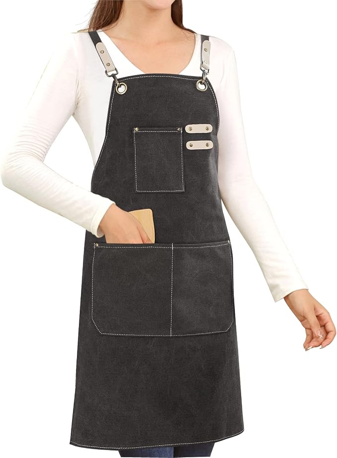 Hongsome Cotton Canvas Cross Back Apron for Art Painting Garden Chef Bartender Work,Women Men 3 Pockets Waterproof M-XXL