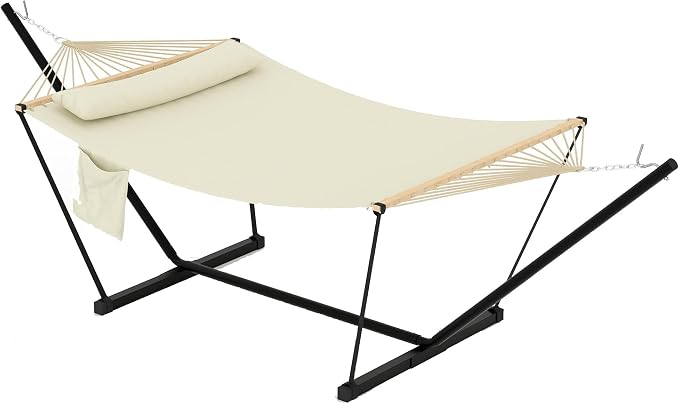 Freestanding Hammock with Heavy Duty Steel Stand, 450 LBS Weight Capacity Double Quilted Hammock Bed with Head Pillow & Side Storage Pocket, Beige for Patio Garden Backyard Beach