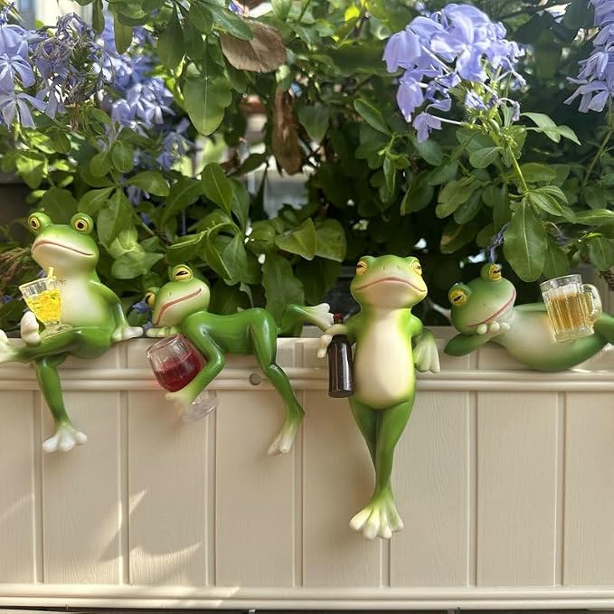 Frog Statue 4 Pack,Tipsy Resin Decor Outdoor,Cute Figurines for Garden Balcony Potted Plant Hangers for Flower Yard Lawn