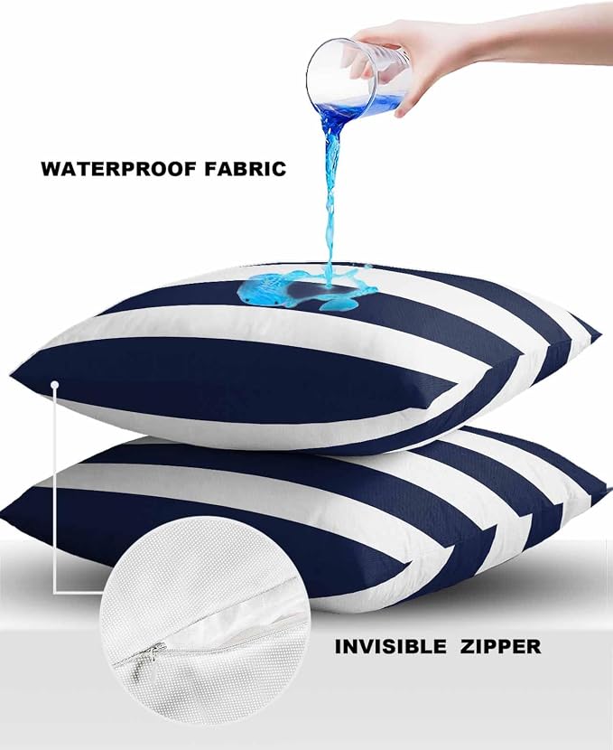Custom Bed USA Nautical Stripe Outdoor Waterproof Throw Pillow Covers, Decorative Pillowcases Polyester Cushion Covers for Garden Patio Tent Sofa Couch Pack of 2 18x18 inch, Navy Blue White Stripes
