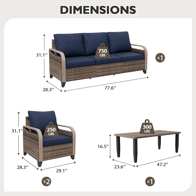 EAGLE PEAK Modern Wicker Outdoor Patio Furniture Set, Patio Conversation Set, 2 Chairs, 3-Seat Loveseat and Coffee Table, 4 Pieces, Brown/Blue