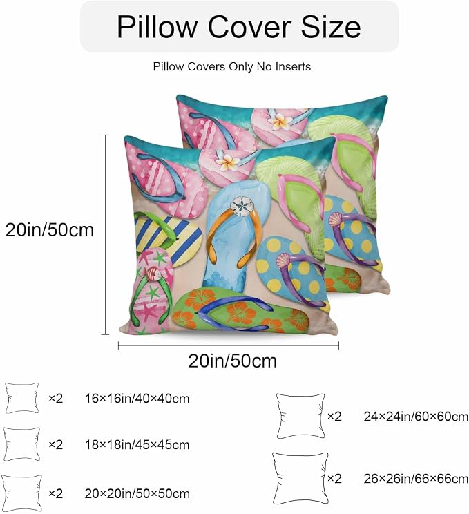 Vandarllin Outdoor Throw Pillows Covers 18x18 inch Set of 2 Waterproof Flip-Flops Decorative Zippered Cushion Covers for Patio Furniture, Summer Sandy Beach Lumbar Pillowcases
