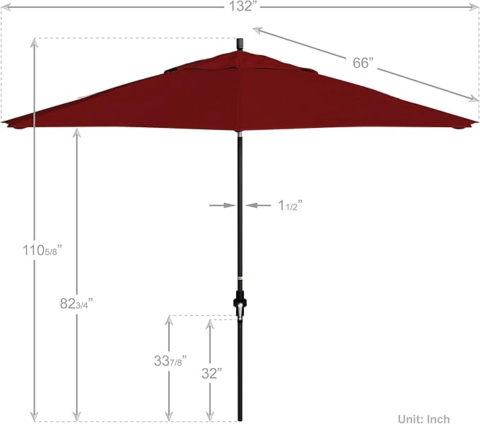 California Umbrella 11Ft Fiberglass Rib Patio Umbrella, Hand-Crank, Tilt-Collar, Black Frame, Solution Dyed Red Fabric