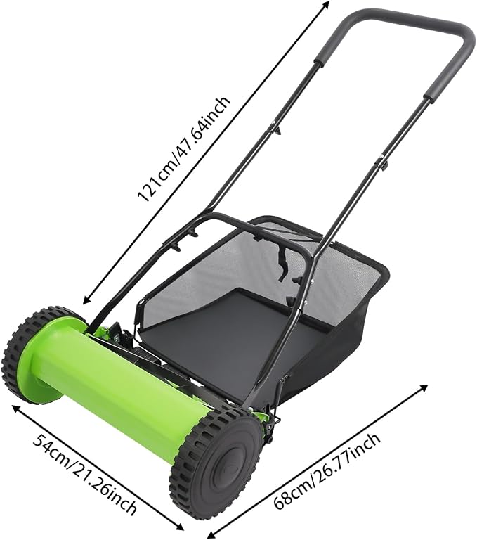 16 in Push Reel Lawn Mower, Cordless Manual Reel Lawn Mower with 0.67-1.3 in Adjustable Mowing Height 5-Blade Walk-Behind Steel Lawn Mower with Large Capacity Grass Bag for Green Lawns