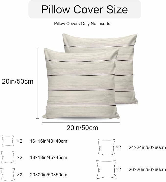 Vandarllin Outdoor Throw Pillow Covers 20X20 Set of 2 Waterproof Ivory White Decorative Zippered Cushion Covers for Patio Furniture, Farmhouse Retro Rustic Barn Wood Texture Lumbar Pillowcases