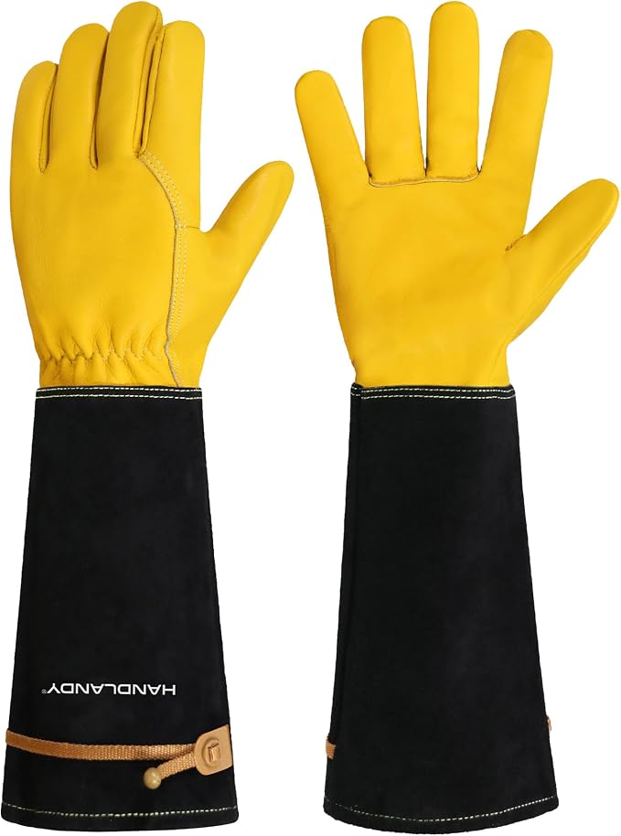 HANDLANDY Rose Pruning Gloves for Men Women, Thorn Proof Gardening Gloves | Long Leather Gardening Gloves, Breathable Leather Gauntlet, Best Garden Gifts & Tools for Gardener (Mustard Yellow, M)