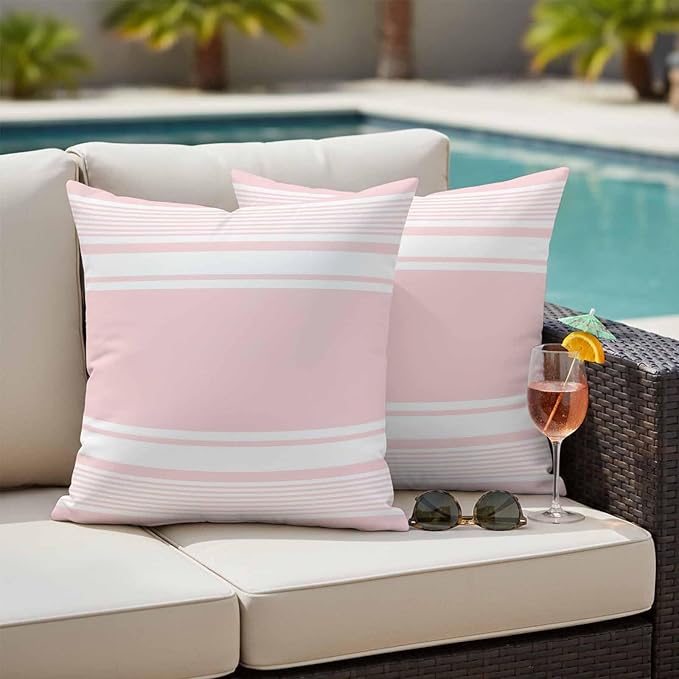 Outdoor Waterproof Throw Pillow Covers, Pink Striped Decorative Pillow Cases, Modern Color Block Farmhouse Stripes Couch Pillow Protector Patio Sofa Cushion Covers Replacement 24"x24" 2 Pack