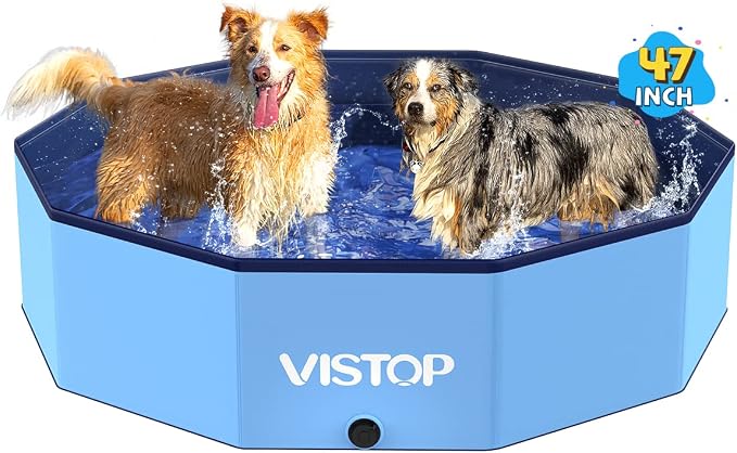 VISTOP Large Foldable Dog Pool, Hard Plastic Shell Portable Swimming Pool for Dogs Cats and Kids Pet Puppy Bathing Tub Collapsible Kiddie Pool (47inch.D x 11.8inch.H, Blue)