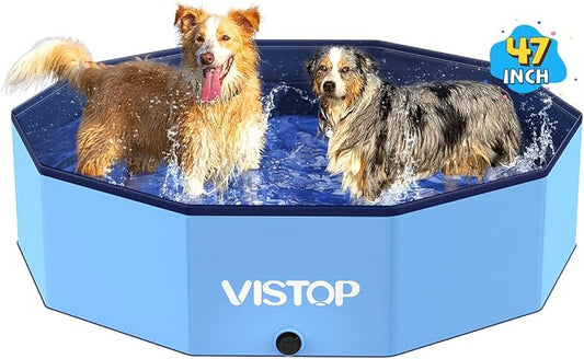 VISTOP Large Foldable Dog Pool, Hard Plastic Shell Portable Swimming Pool for Dogs Cats and Kids Pet Puppy Bathing Tub Collapsible Kiddie Pool (47inch.D x 11.8inch.H, Blue)