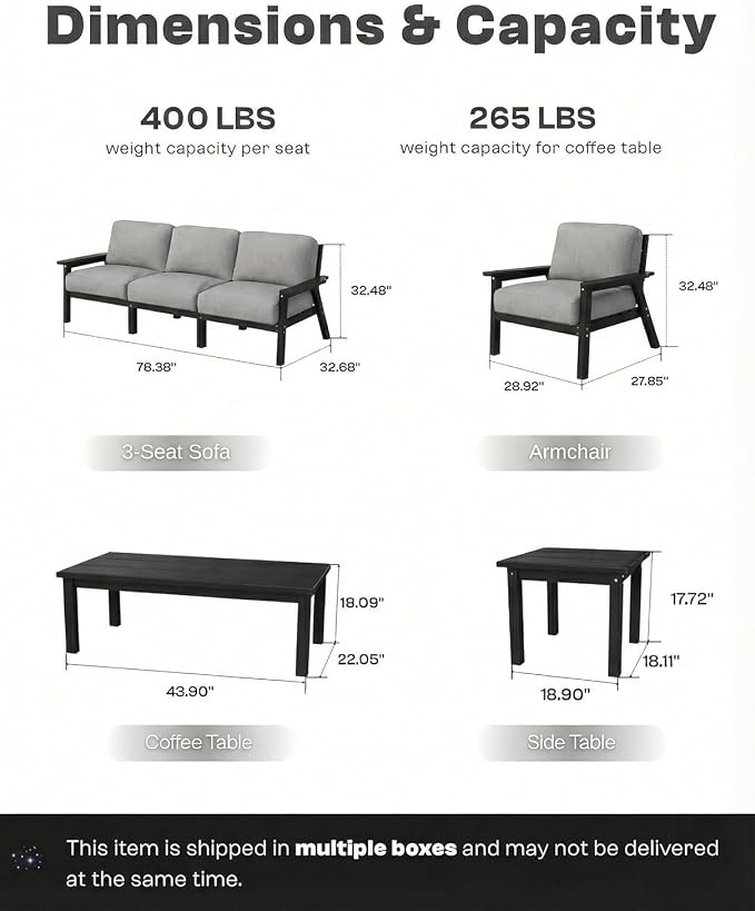 Patio Furniture Set with Washable Thick Grey Cushions, Coffee Table & Side Table, HDPE Outdoor Couch, All-Weather Outdoor Sectional Furniture, Patio Conversation Sets (Black Frame)