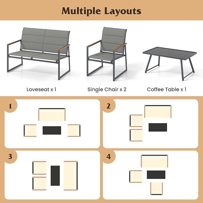 HAPPYGRILL 4-Piece Patio Furniture Set, Modern Sectional Sofa Set w/Fabric Seats, Wood-Plastic Armrests, Tempered Glass Coffee Table, Outdoor Conversation Set for Backyard Balcony Garden Porch (2)