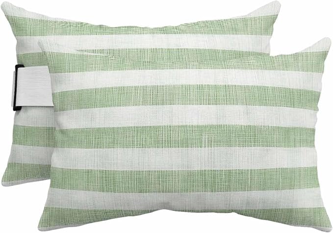Pack of 4 Outdoor Lumbar Pillow Covers 12x20 Inch, Sage Green Striped Waterproof Throw Pillow Covers Set, Farmhouse Vintage Stripes Indoor&Outdoor Decorative Cushion Cases for Patio Porch Beach