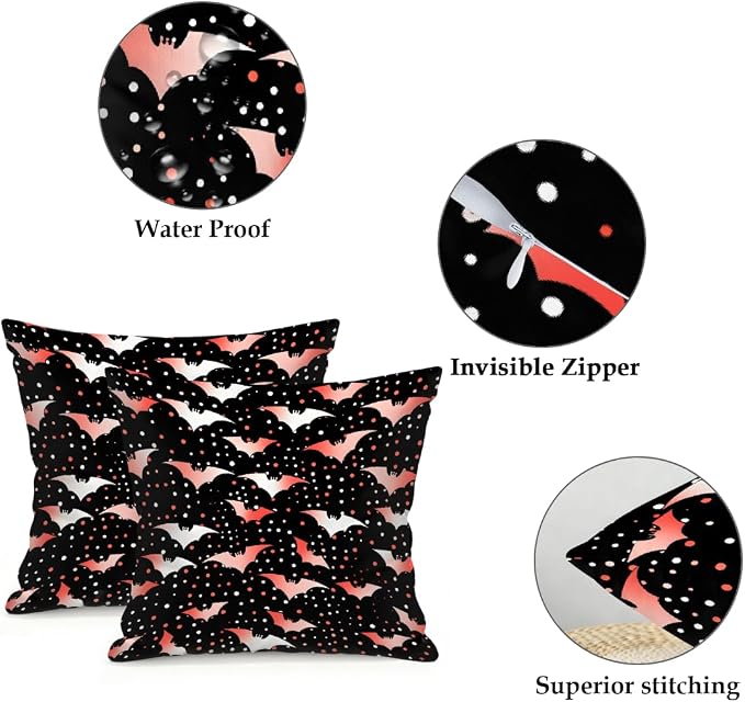 22x22 Inch Outdoor Pillow Covers Set of 2 Waterproof Throw Pillow Covers Decorative Couch Cushion Covers Polka Dot Bat Square Pillowcases Protectors for Patio Garden Sofa