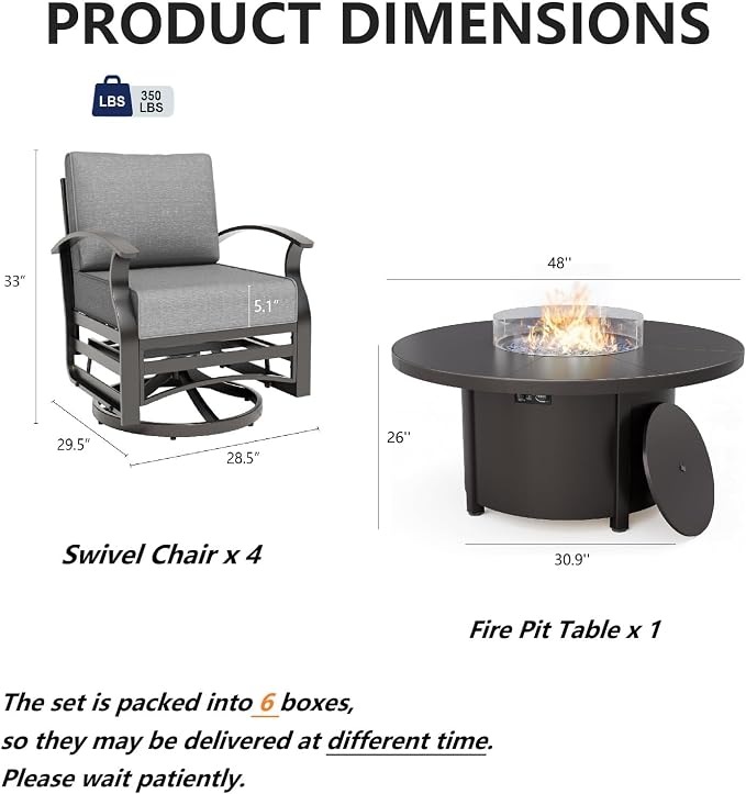 Gotland 5 Piece Patio Set, Aluminum Outdoor Swivel Chairs Set with 48’’ Round Fire Pit 5.1’’ High-Resilience Seat Cushions 29.5" Deep Seating, Metal Patio Furniture Set Patio Conversation Sets, Grey