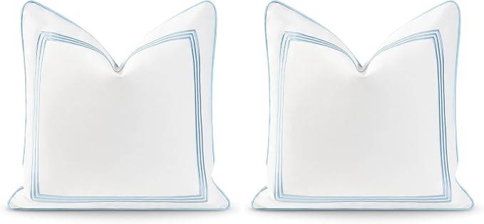 Hofdeco Premium Coastal Hampton Style Patio Indoor Outdoor Pillow Cover Only, 20"x20" Water Resistant for Backyard, Couch, Baby Blue Embroidered Square Line (Pack of 2)