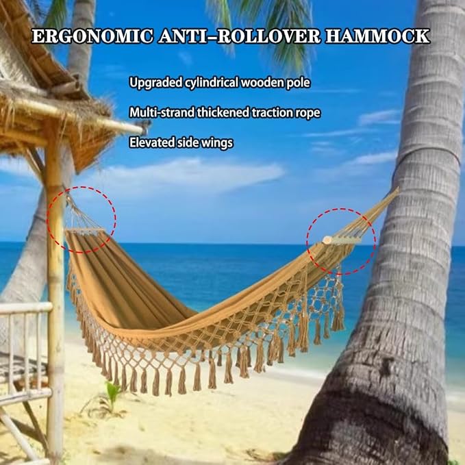 Outdoor Leisure Hammock with Tassels, Garden Anti-Rollover Swing with Storage Bag, for Travel/Camping/Beach, Load Bearing 150kg/330.7lbs(Camel)