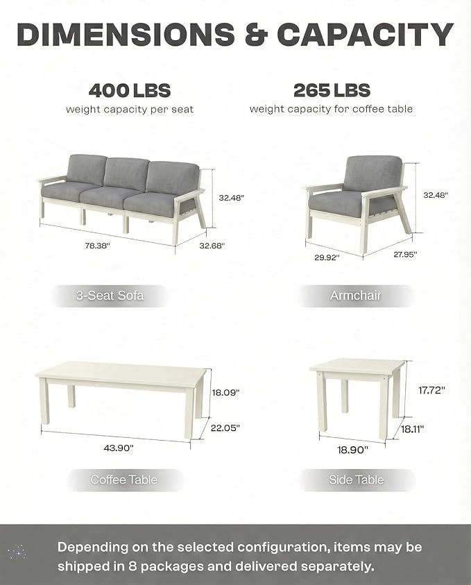 HDPE Patio Furniture Set 8 Seats, Outdoor Couch with Washable Thick Gray Cushions & Side Table, Outdoor Sectional Furniture for Backyard, Deck, Lawn, Porch (White Frame)