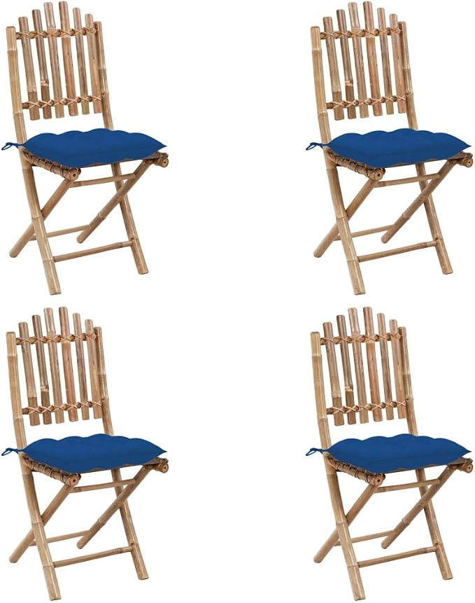 5 Piece Folding Patio Dining Set with Cushions Bamboo Outdoor Furniture Waterproof Table and 4 Chairs for Garden Backyard Blue