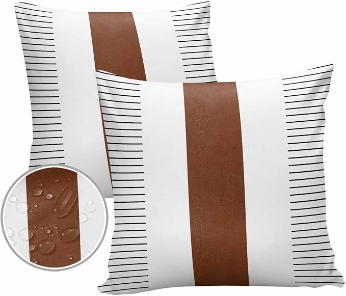 Outdoor Waterproof Throw Pillow Covers Set of 2 Boho Style Pillowcases 20x20 Inches Brown Stripe Lines Bohemian Patio Decorative Pillows Cushion Case Patio Pillows for Couch Bed Chair Garden