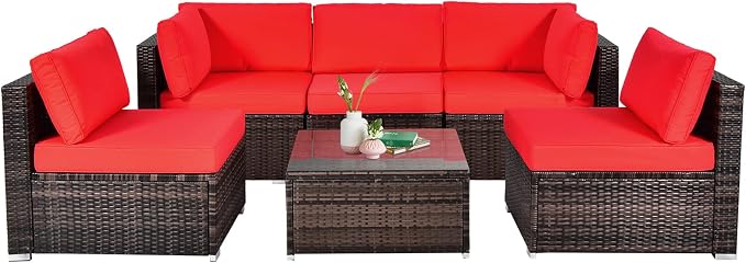 HAPPYGRILL 6 Pieces Outdoor Patio Furniture Set, PE Rattan Conversation Set with Tempered Glass Coffee Table and Cozy Cushions, Weather Resistant Sectional Sofa Set, Red