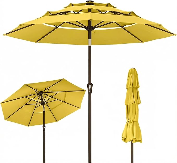 Kingdura 10ft 3-Tier Patio Umbrella, Outdoor Table Umbrella with Easy Crank & Tilt, 8 Reinforced Ribs, UV Protection for Deck, Pool, Market, Backyard (Yellow)