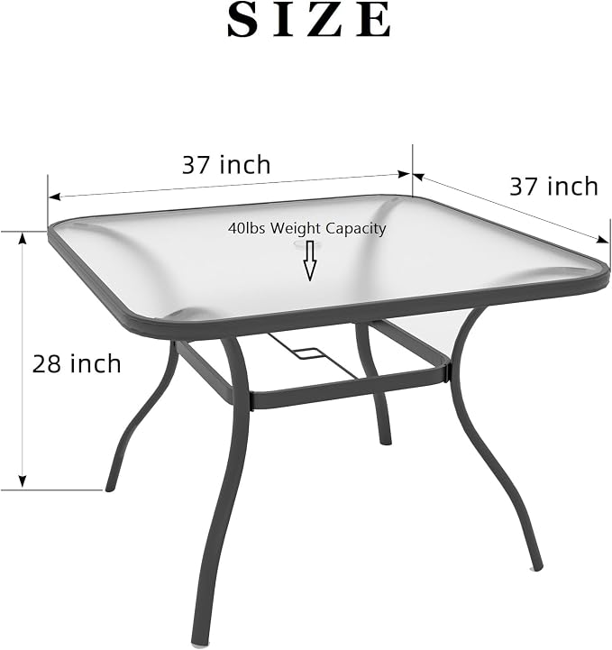Outdoor Patio Set, 37" Square Glass Dinging Table and 4pcs Swivel Chairs, All-Weather Patio Furniture Set with 1.7" Umbrella Hole for Garden Backyard Lawn Poolside