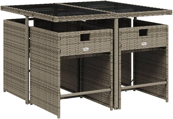5-Piece Gray Patio Dining Set with Cushions, PE Rattan Outdoor Furniture Set, Compact Foldable Chairs, Tempered Glass Table for Backyard, Balcony, Porch