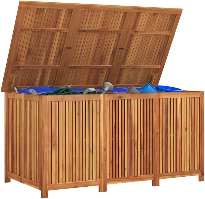 Large Outdoor Garden Storage Box, Solid Acacia Wood Deck Chest with Water-Resistant PE Liner, Decorative Patio Furniture for Cushions and Gardening Tools