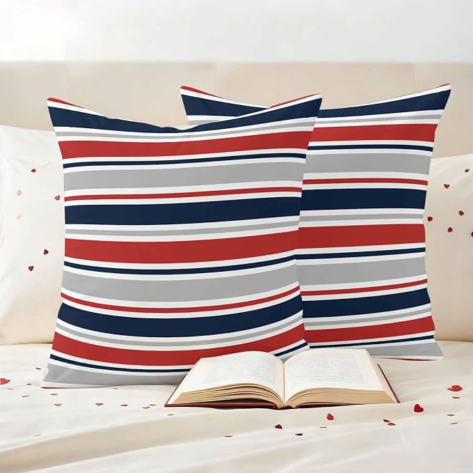 Red Navy Blue Striped Outdoor Pillow Cover 26x26 Inch Cushion Sham Case, Farmhouse Stripes Modern Abstract Art Waterproof Decorative Square Throw Pillowcase for Outside Garden Patio Porch Couch Chair