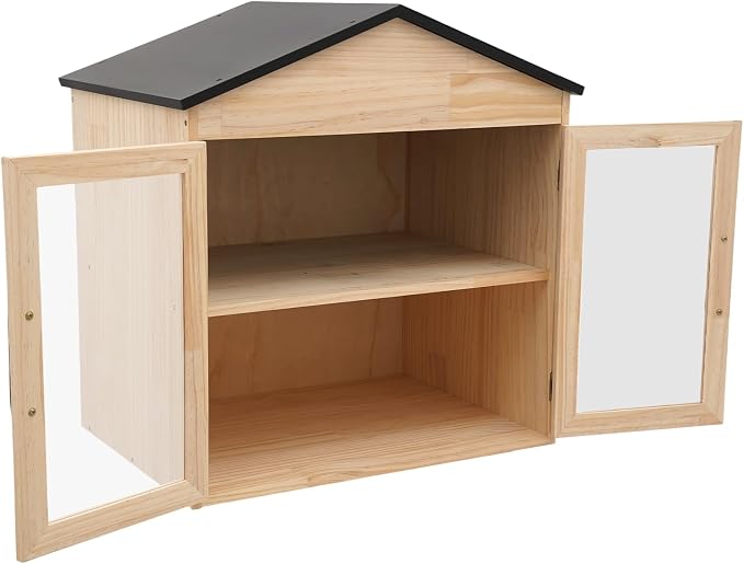 Outdoor Wooden Book Cabinet with 4 Compartments and 2 Doors, 19.6" H x 14.2" W x 25.2" L Small House-Shaped Bookshelf, Book Box Storage for Home, School, Community (Wood Color + Black)