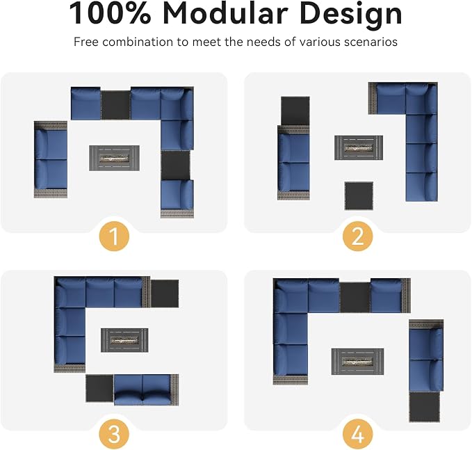 Aoxun 10-Piece Sectional Sofa with 44" Fire Pit, 4" Thicken Cushion, Widen Armrests Wicker for Backyard with Coffee Table, Blue