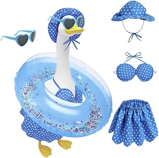 Hawaiian Porch Goose Outfits with Hat Sunglasses & Swim Ring, Summer Bikini Goose Swimsuit Clothes Costume Fits 23" Cement Geese Statue, Summer Garden Lawn Patio Yard Outdoor Decor (Summer style-Blue)