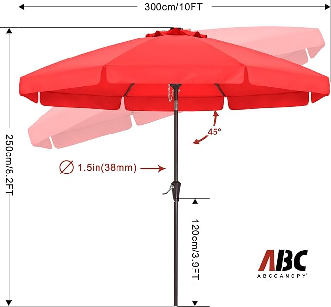 ABCCANOPY 10ft Scalloped Patio Umbrella, Outdoor Table Umbrella with Tilt and Crank, Fiberglass Ribs Deck Umbrella for Patio, Pool, Garden, Picnic (Bright Red)