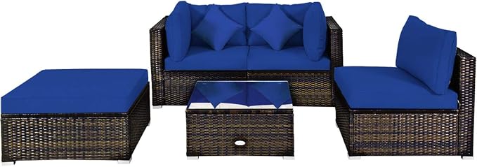 Tangkula 5 Pieces Patio Rattan Furniture Set, Outdoor Sectional Rattan Sofa Set with Back & Seat Cushions, Wicker Conversation Set with Tempered Glass Table for Backyard Porch Garden Poolside (Navy)