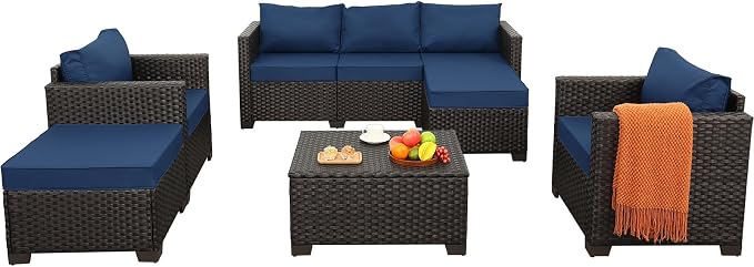 Rattan Star 6 Pieces Patio Outdoor Furniture Conversation Sets Patio Wicker Sofa Set with Outdoor Couch Patio Chairs and Storage Table Non-Slip Cushions Waterproof Covers, Navy Blue