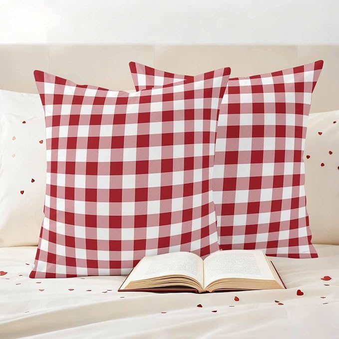 Outdoor Throw Pillow Covers,Red Pink and White Plaid Waterproof Decorative Pillowcases Cushion Cover Pastoral Farm Style Pillow Cases for Patio Couch Sofa Bed,16x16in Set of 2