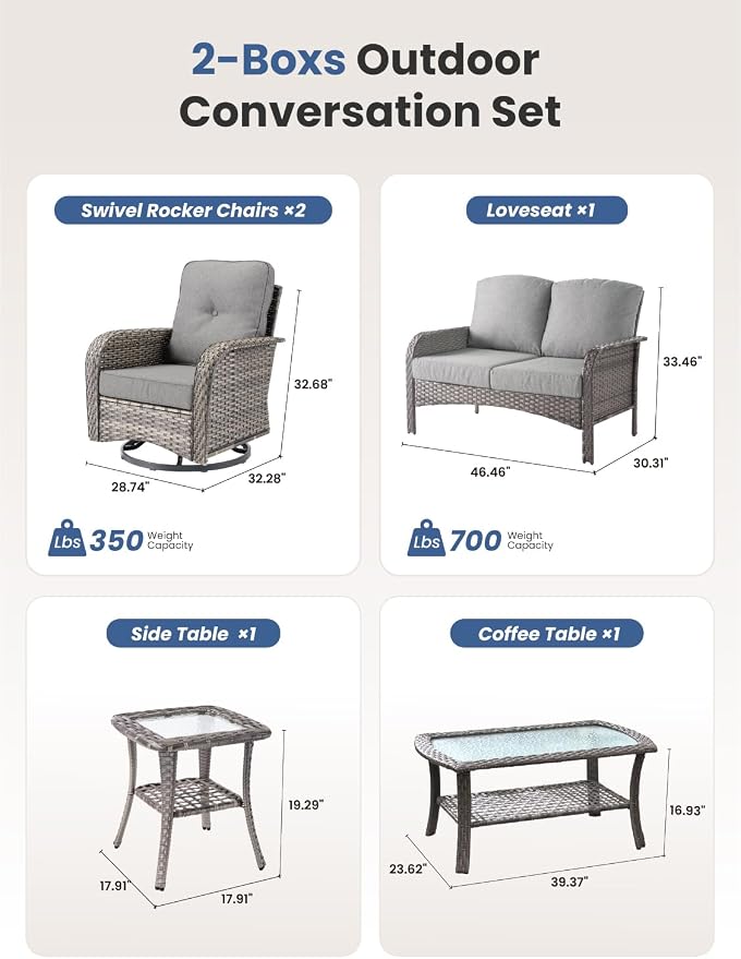 5-Piece Outdoor Patio Furniture Set with Swivel Chairs, Outdoor Conversation Wicker Sofa with Coffee Table, Rattan Couch for Deck Yard Poolside, Dark Grey