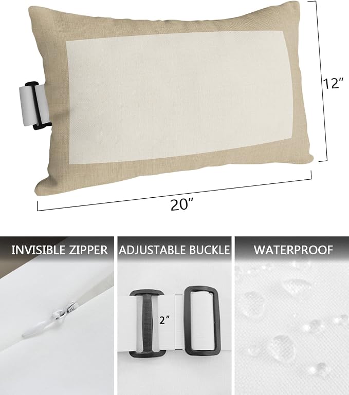 Outdoor Pillows Covers with Inserts Country Vintage Linen Texture Waterproof Recliner Pillow with Adjustable Strap Throw Pillows for Patio Furniture Pool Lounge Chair, 12x20 inch, 1PCS