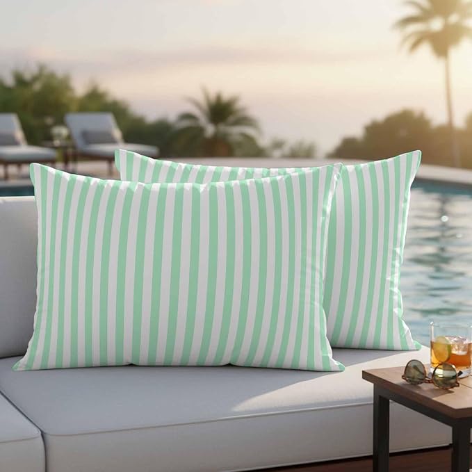 Lumbar Pillow Covers 20x12 Inch Set of 2, Green White Stripe Waterproof Outdoor Cushion Covers, Modern Minimalist Geometric Striped Decorative Pillowcases for Couch, Sofa, Bed, Garden, Patio