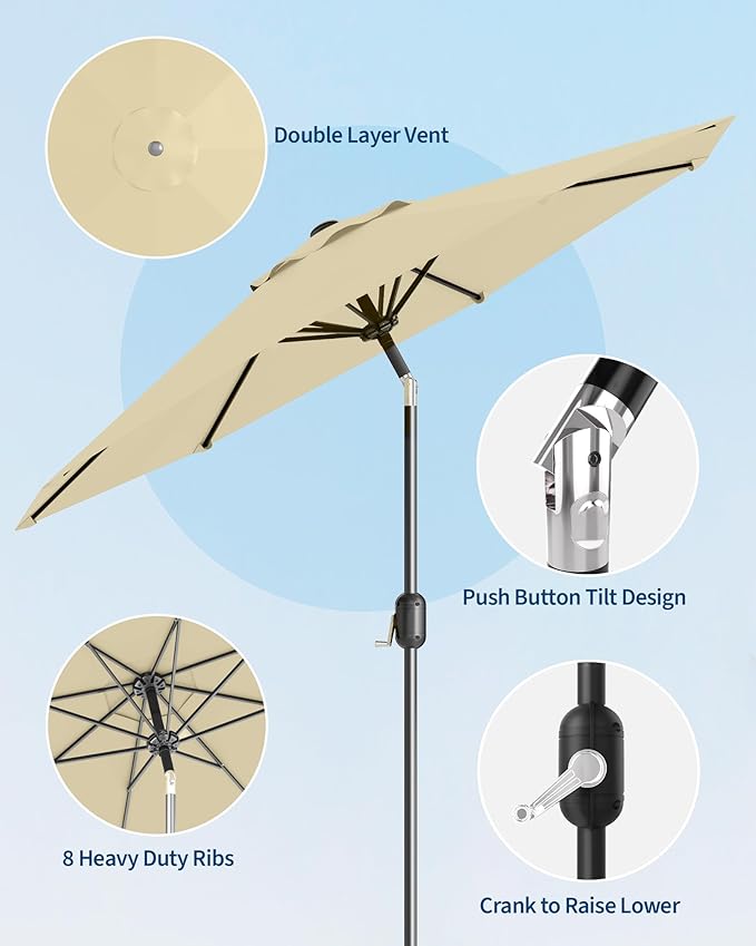 PeakPursuit 9FT Patio Umbrella Outdoor, Market Umbrella, Table Umbrella with Push Button Tilt and Crank, 8 Sturdy Ribs UV Protection Waterproof for Garden, Pool, Deck, Backyard
