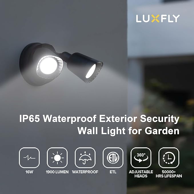 2 Pack LED Flood Lights Outdoor, 16W 1900LM 5000K Daylight, IP65 Waterproof Security Lights with 2 Adjustable Heads, Exterior Wall Light for Patio, Garage, Yard-Black