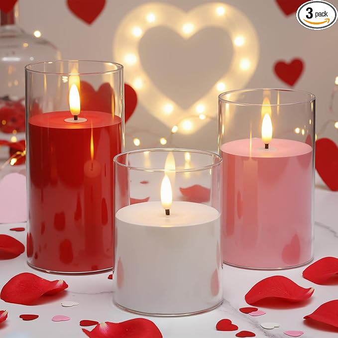 Tuanse 3 Pcs Battery Powered Valentine Flameless Candles (Pink, Red, White) with Mixed Size Xmas Color Flickering LED Lights Pillars for Valentine Winter Home Party Decoration
