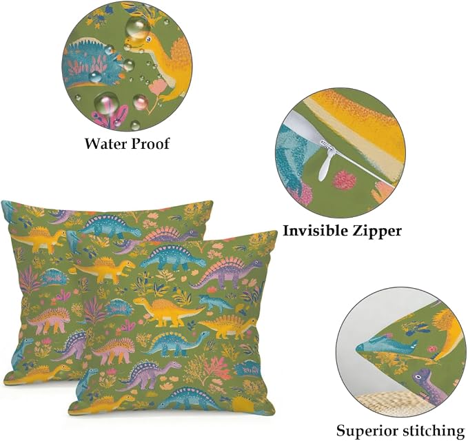 20x20 Inch Outdoor Pillow Covers Set of 2 Waterproof Throw Pillow Covers Decorative Couch Cushion Covers Yellow Cute Dinosaurs Square Pillowcases Protectors for Patio Garden Sofa
