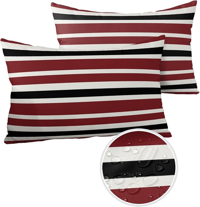 Outdoor Waterproof Pillow Covers for Patio Furniture Red Black and White Stripes Decorative Throw Pillow Cover Farmhouse Stripe Pillowcases Set of 2 Cushion Case for Sofa Couch Chair 20 x 12 In