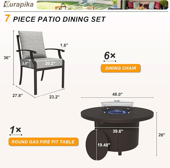 Kurapika 7 Piece Metal Outdoor Patio Furniture Set with 48" Round Fire Pit Table, Patio Conversation Sets 6 Fixed Chairs with Thick Cushion and 40000 BTU Propane Fire Pit Table, Grey