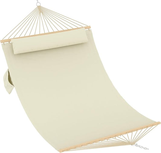 Double Quilted Hammock with Spreader Bar, 12FT, Detachable Pillow, 2-Person | cotton-polyester blend, UV-resistant, quick-dry, 450lbs, for patio/backyard/poolside, Beige White