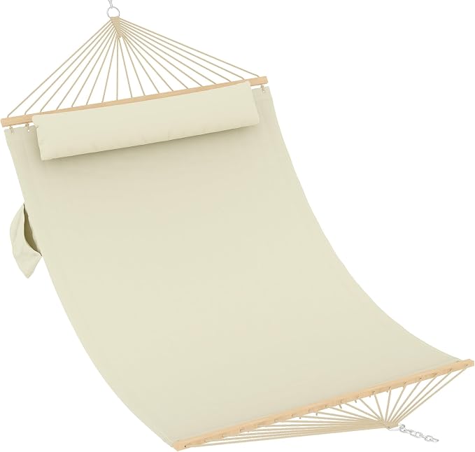 Hammocks 12 FT Double Quilted Fabric Hammock with Spreader Bar and Detachable Pillow, 2 Person Outdoor Hammock for Patio Backyard Poolside, 450lbs Weight Capacity, Beige